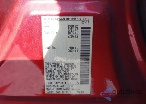 2013 Nissan Altima 2.5 Sv z USA, uszkodzony, nr VIN 1N4AL3AP5DC117155